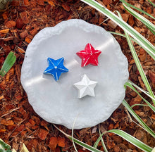 Load image into Gallery viewer, 8&quot; PATRIOTIC Cement Bee Watering Station | Star Butterfly Puddler Dish | Handmade | Red, White, Blue | SEALED Concrete | JLK