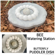 Load image into Gallery viewer, 8&quot; Cement Bee Watering Station | Butterfly Concrete Puddler Dish | Pollinator Garden | Sealed | Handmade |  Base w/ 3 Stations | JLK