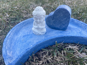 Cement Moon Shaped Bee Puddler Station | Butterfly Concrete Blue Watering Dish w/ Buddha & heart | Pollinator Garden | JLK