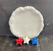 Load image into Gallery viewer, 8&quot; PATRIOTIC Cement Bee Watering Station | Star Butterfly Puddler Dish | Handmade | Red, White, Blue | SEALED Concrete | JLK