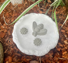 Load image into Gallery viewer, 8&quot; Cement Bee Watering Station | Butterfly Concrete Puddler Dish | Pollinator Garden | Sealed | Handmade |  Base w/ 3 Stations | JLK