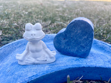 Load image into Gallery viewer, Cement Moon Shaped Bee Puddler Station | Butterfly Concrete Blue Watering Dish w/ frog &amp; heart | Pollinator Garden | JLK