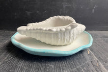 Load image into Gallery viewer, Cement Bee Watering Station | Butterfly Concrete Puddler Aqua edged Dish w/Sea Shell Station | Nautical | Pollinator Garden | JLK