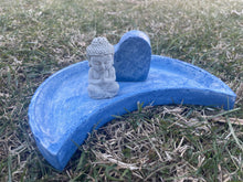 Load image into Gallery viewer, Cement Moon Shaped Bee Puddler Station | Butterfly Concrete Blue Watering Dish w/ Buddha &amp; heart | Pollinator Garden | JLK