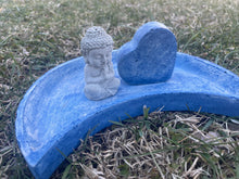 Load image into Gallery viewer, Cement Moon Shaped Bee Puddler Station | Butterfly Concrete Blue Watering Dish w/ Buddha &amp; heart | Pollinator Garden | JLK