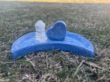 Load image into Gallery viewer, Cement Moon Shaped Bee Puddler Station | Butterfly Concrete Blue Watering Dish w/ Buddha &amp; heart | Pollinator Garden | JLK