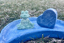 Load image into Gallery viewer, Cement Bee Moon Shaped Puddler Station | Butterfly Concrete Blue Watering Dish w/ frog &amp; heart | Pollinator Garden | JLK