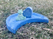 Load image into Gallery viewer, Cement Bee Moon Shaped Puddler Station | Butterfly Concrete Blue Watering Dish w/ frog &amp; heart | Pollinator Garden | JLK