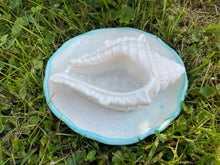 Load image into Gallery viewer, Cement Bee Watering Station | Butterfly Concrete Puddler Aqua edged Dish w/Sea Shell Station | Nautical | Pollinator Garden | JLK