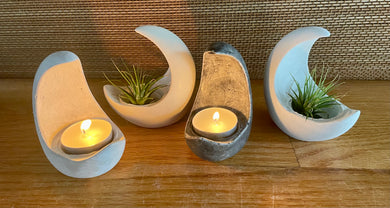 S/2 | Cement Candle Holder | Concrete Air Plant Holder |  Tea Light | Minimalist decor | Crescent Moon | Handmade | JLK