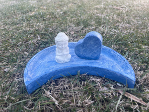 Cement Moon Shaped Bee Puddler Station | Butterfly Concrete Blue Watering Dish w/ Buddha & heart | Pollinator Garden | JLK