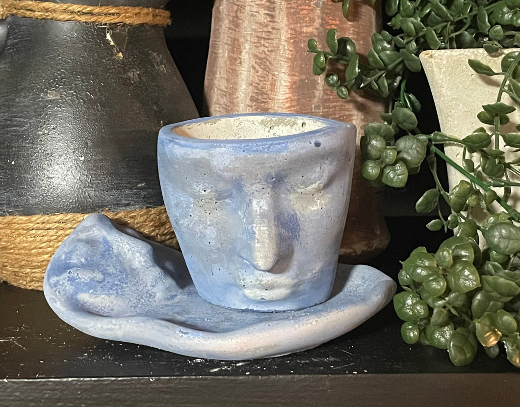 2pc Set | Cement Abstract Art Face  | Concrete Blue | Candle Holder | Planter | Container | HANDMADE | JLK