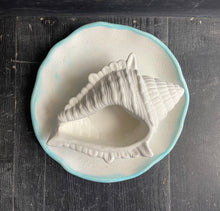 Load image into Gallery viewer, Cement Bee Watering Station | Butterfly Concrete Puddler Aqua edged Dish w/Sea Shell Station | Nautical | Pollinator Garden | JLK