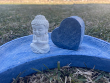 Load image into Gallery viewer, Cement Moon Shaped Bee Puddler Station | Butterfly Concrete Blue Watering Dish w/ Buddha &amp; heart | Pollinator Garden | JLK