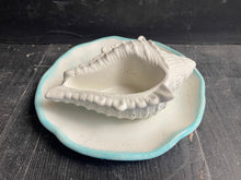 Load image into Gallery viewer, Cement Bee Watering Station | Butterfly Concrete Puddler Aqua edged Dish w/Sea Shell Station | Nautical | Pollinator Garden | JLK