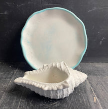 Load image into Gallery viewer, Cement Bee Watering Station | Butterfly Concrete Puddler Aqua edged Dish w/Sea Shell Station | Nautical | Pollinator Garden | JLK