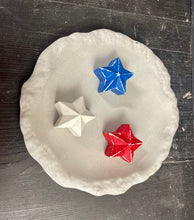 Load image into Gallery viewer, 8&quot; PATRIOTIC Cement Bee Watering Station | Star Butterfly Puddler Dish | Handmade | Red, White, Blue | SEALED Concrete | JLK