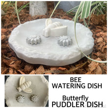 Load image into Gallery viewer, 8&quot; Cement Bee Watering Station | Butterfly Concrete Puddler Dish | Pollinator Garden | Sealed | Handmade |  Base w/ 3 Stations | JLK