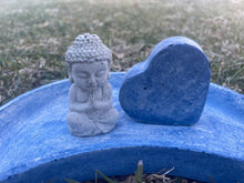 Load image into Gallery viewer, Cement Moon Shaped Bee Puddler Station | Butterfly Concrete Blue Watering Dish w/ Buddha &amp; heart | Pollinator Garden | JLK