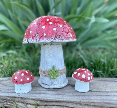 S/3 Hypertufa Cement Mushrooms, , Red & White Capped Shroom w/Cannabis Leaf, Lightweight cement, Concrete Toadstools, Fairy Garden, JLK