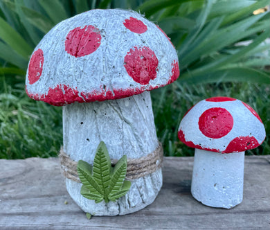 S/2 Hypertufa Cement Mushrooms, , White & Red Capped Shroom w/Cannabis Leaf, Lightweight cement, Concrete Toadstools, Fairy Garden, JLK