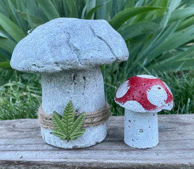 S/2 Hypertufa Cement Mushrooms, , White & Red Capped Shrooms w/Cannabis Leaf, Lightweight cement, Concrete Toadstools, Fairy Garden, JLK