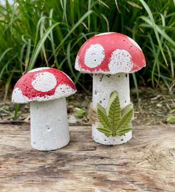 S/2 Cement Mushrooms, Hypertufa Red & White Cap w/ Cannabis cement leaf, Concrete Shrooms, JLK