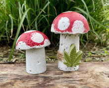 Load image into Gallery viewer, S/2 Cement Mushrooms, Hypertufa Red &amp; White Cap w/ Cannabis cement leaf, Concrete Shrooms, JLK