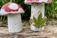 Load image into Gallery viewer, S/2 Cement Mushrooms, Hypertufa Red &amp; White Cap w/ Cannabis cement leaf, Concrete Shrooms, JLK