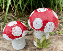 Load image into Gallery viewer, S/2 Cement Mushrooms, Hypertufa Red &amp; White Cap w/ Cannabis cement leaf, Concrete Shrooms, JLK