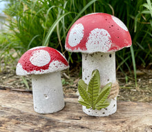 Load image into Gallery viewer, S/2 Cement Mushrooms, Hypertufa Red &amp; White Cap w/ Cannabis cement leaf, Concrete Shrooms, JLK