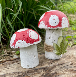 S/2 Cement Mushrooms, Hypertufa Red & White Cap w/ Cannabis cement leaf, Concrete Shrooms, JLK