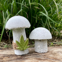 Load image into Gallery viewer, S/2 Cement Mushrooms, Hypertufa White Cap w/ Cannabis cement leaf, Concrete Shrooms, JLK