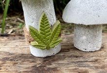 Load image into Gallery viewer, S/2 Cement Mushrooms, Hypertufa White Cap w/ Cannabis cement leaf, Concrete Shrooms, JLK