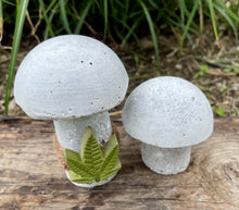 Load image into Gallery viewer, S/2 Cement Mushrooms, Hypertufa White Cap w/ Cannabis cement leaf, Concrete Shrooms, JLK