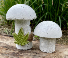 Load image into Gallery viewer, S/2 Cement Mushrooms, Hypertufa White Cap w/ Cannabis cement leaf, Concrete Shrooms, JLK