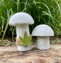 Load image into Gallery viewer, S/2 Cement Mushrooms, Hypertufa White Cap w/ Cannabis cement leaf, Concrete Shrooms, JLK