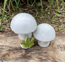 Load image into Gallery viewer, S/2 Cement Mushrooms, Hypertufa White Cap w/ Cannabis cement leaf, Concrete Shrooms, JLK