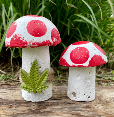 S/2 Cement Mushrooms, Hypertufa White Cap with Red dots w/ Cannabis Cement leaf, Concrete Shrooms, JLK