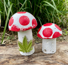 Load image into Gallery viewer, S/2 Cement Mushrooms, Hypertufa White Cap with Red dots w/ Cannabis Cement leaf, Concrete Shrooms, JLK