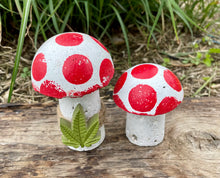 Load image into Gallery viewer, S/2 Cement Mushrooms, Hypertufa White Cap with Red dots w/ Cannabis Cement leaf, Concrete Shrooms, JLK