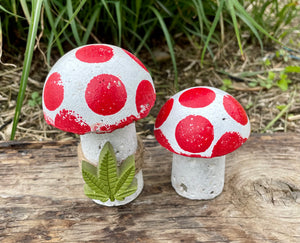 S/2 Cement Mushrooms, Hypertufa White Cap with Red dots w/ Cannabis Cement leaf, Concrete Shrooms, JLK