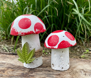 S/2 Cement Mushrooms, Hypertufa White Cap with Red dots w/ Cannabis Cement leaf, Concrete Shrooms, JLK