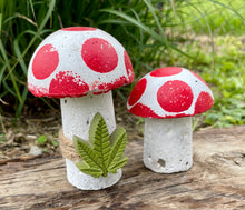 Load image into Gallery viewer, S/2 Cement Mushrooms, Hypertufa White Cap with Red dots w/ Cannabis Cement leaf, Concrete Shrooms, JLK