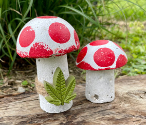 S/2 Cement Mushrooms, Hypertufa White Cap with Red dots w/ Cannabis Cement leaf, Concrete Shrooms, JLK