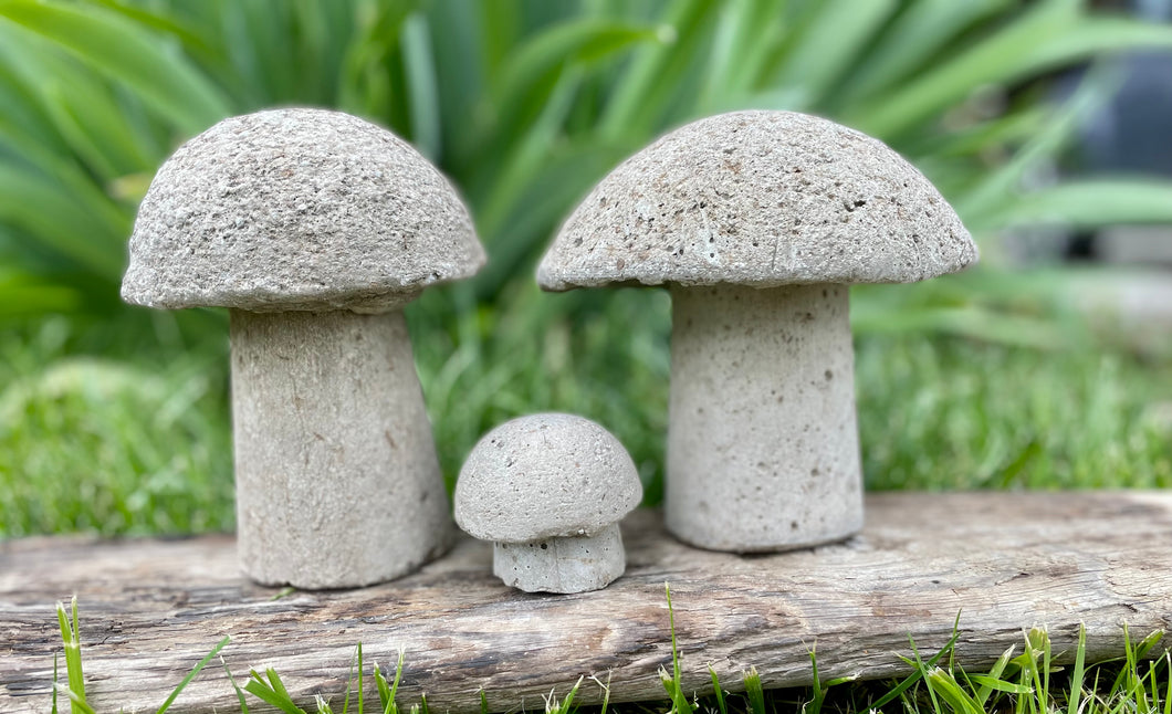 S/3 Cement Mushrooms, Hypertufa Rustic Handmade Shrooms, Lightweight Concrete, Yard Art, Toadstool, JLK