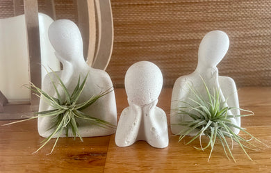 S/3 Family Statues, White Cement Air Plant holders, Thinker, Love, Handmade Modern Urban Shelf decor, Round Riser