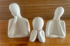 S/3 Family Statues, White Cement Air Plant holders, Thinker, Love, Handmade Modern Urban Shelf decor, Round Riser