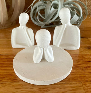 S/3 Family Statues, White Cement Air Plant holders, Thinker, Love, Handmade Modern Urban Shelf decor, Round Riser