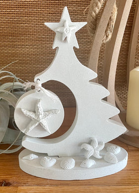 Cement Christmas Tree with Star fish, Shells, beach shelf decor,  Nautical decor, Minimalist,  White concrete, JLK